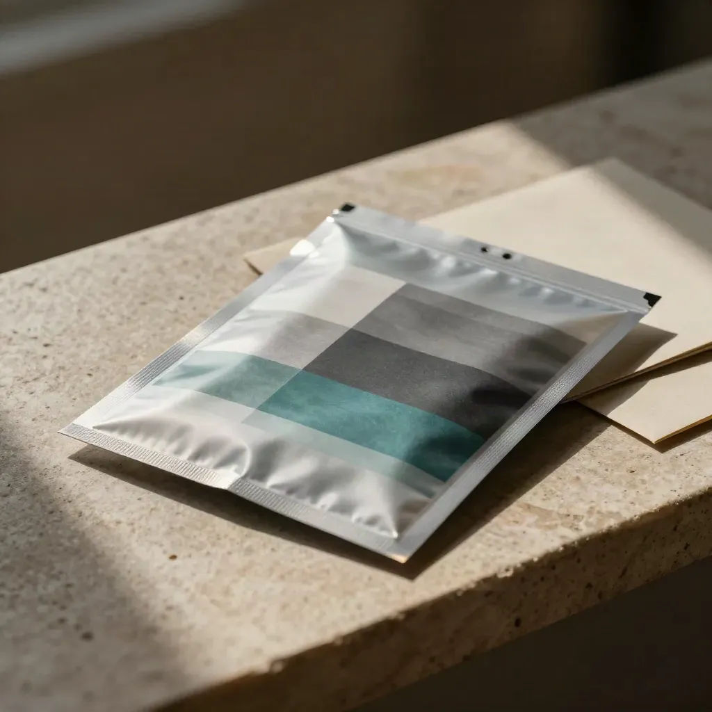 Market data packet with translucent dividers beside a folded blotter on stone, softly lit.
