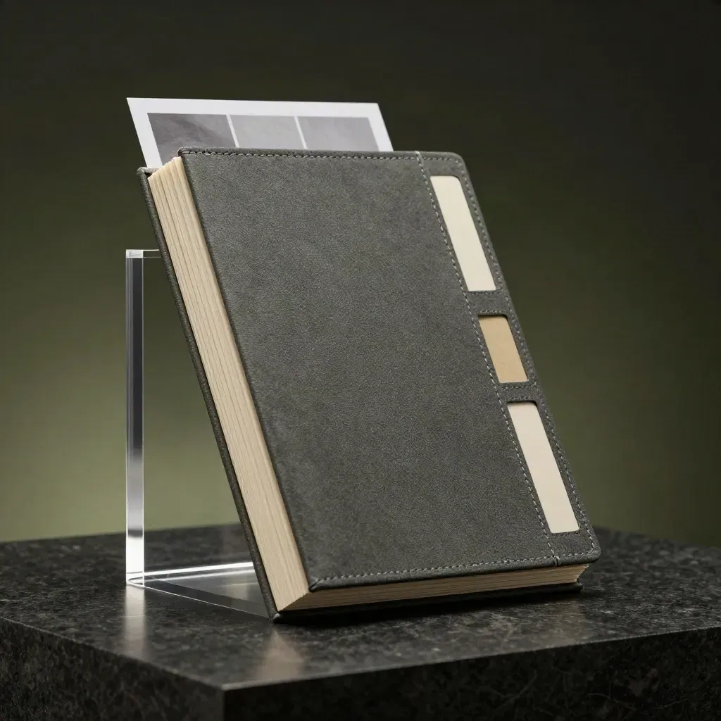 Charcoal member directory folio leaning on acrylic with page edges and tab dividers in soft light.