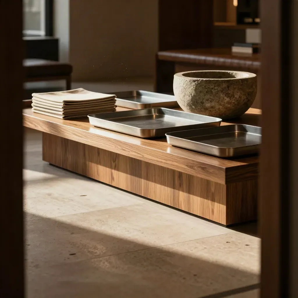Warm oak broker lounge with empty trays, stone planter, and calm copy space in soft daylight.