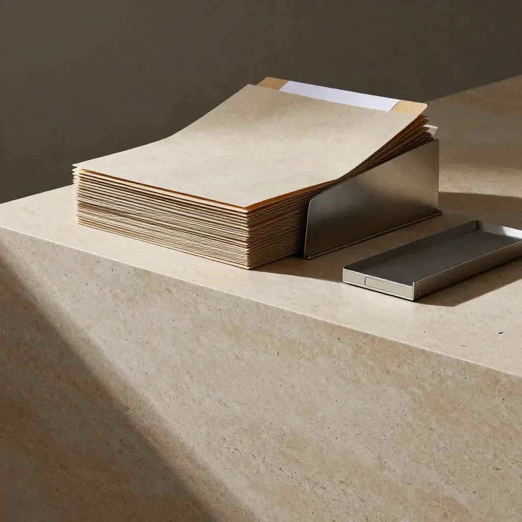 Pale limestone surface with compliance folders and a metal tray under soft skylight.
